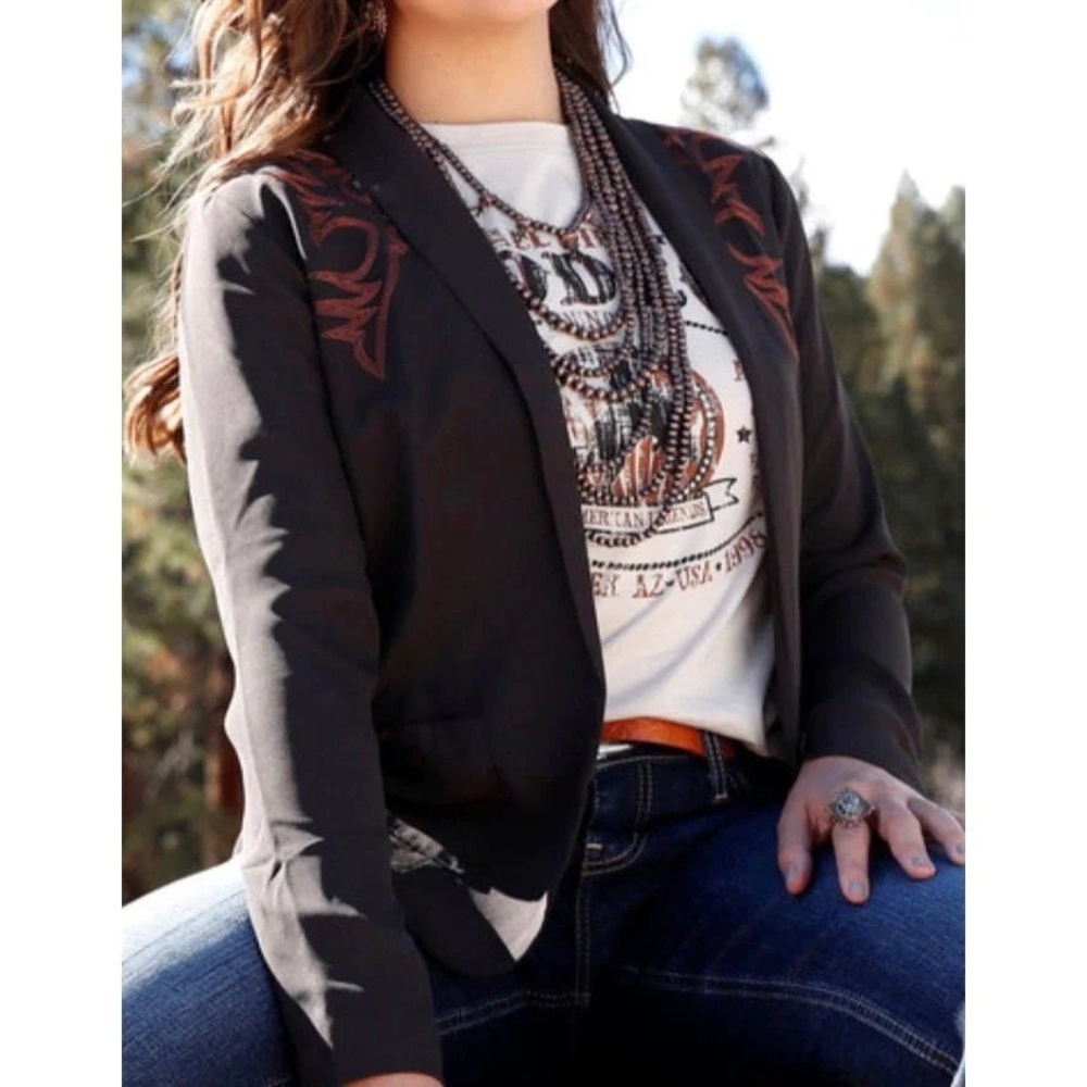 NWOT Cinch Women's Black Blazer with Orange Bootstitch Embroidery